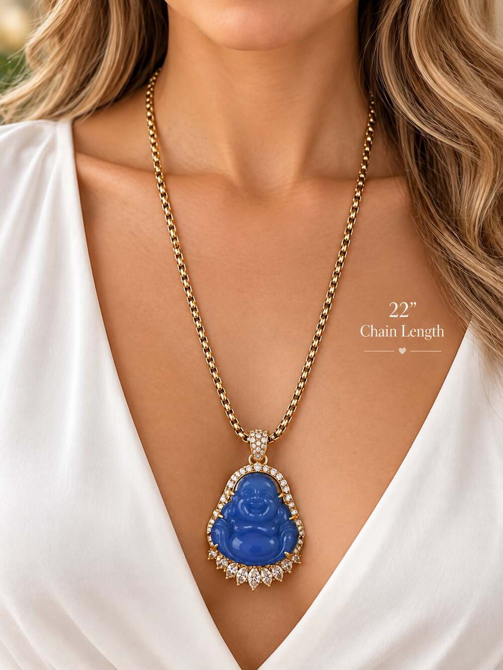 Blue Jade Laughing Buddha Necklace 22 Inch Gold Plated Crystal Pendant